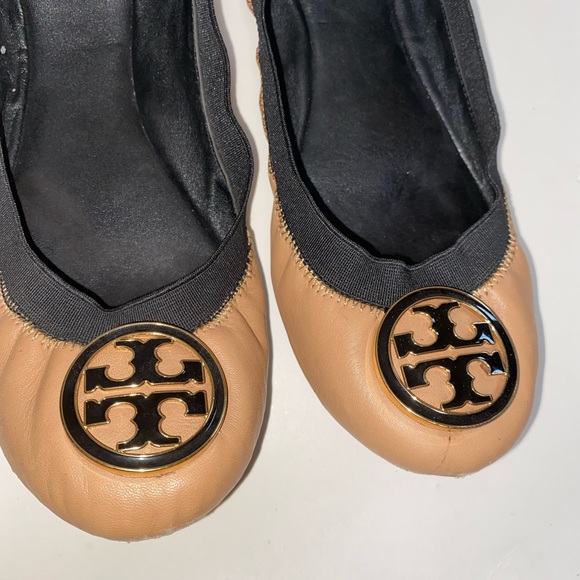 Tory Burch Tan Leather Ballet Flats With Logo Sz Women’s 7.5 M - Picture 2 of 11